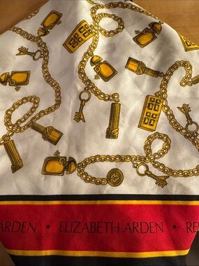 Elizabeth Arden White Scarf with Gold Chain Motif and Red Border